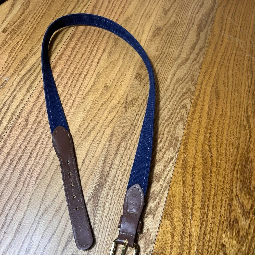 Men's Navy Blue Nautical Anchor Wheel Belt size 38 Preppy Cruise Brown Leather